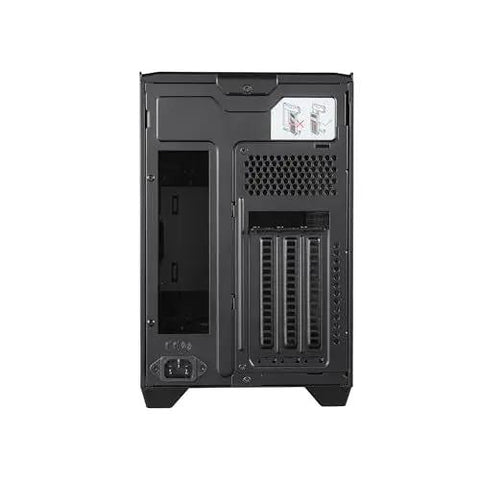 Back view of NR200P V3 Mini ITX Case Dope Compact Build with PCIe 5.0 Riser Cable, showing vertical GPU mount and ventilated backplate.