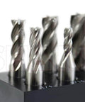 Shars end mill set, 6-piece, HSS, 4-flute center-cut, 1/8–1/2 in range in black holder, front view