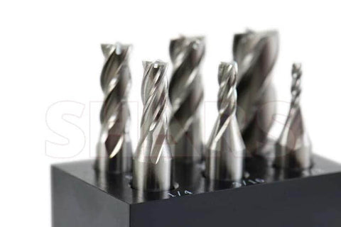 Shars end mill set, 6-piece, HSS, 4-flute center-cut, 1/8–1/2 in range in black holder, front view