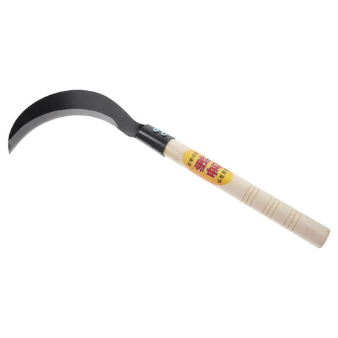 Long Handled Weeding Sickle With Wooden Handle Multipurpose Manual Garden Tool for lawn care, showing blade and wooden grip.