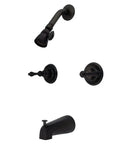 Twin Handle Tub And Shower Faucet With Decor Lever In Oil Rubbed Bronze Wall Mount Bath Fixture With Five Inch Spout Reach Solid Brass Washerless Cartridge One Half Inch NPT Connection Built To Last with showerhead, lever, and spout details.