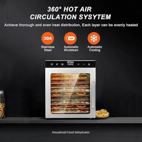 Real Deal Electric Food Dehydrator Heavy Duty 304 Stainless Steel Counter Machine with details on hot air circulation system.