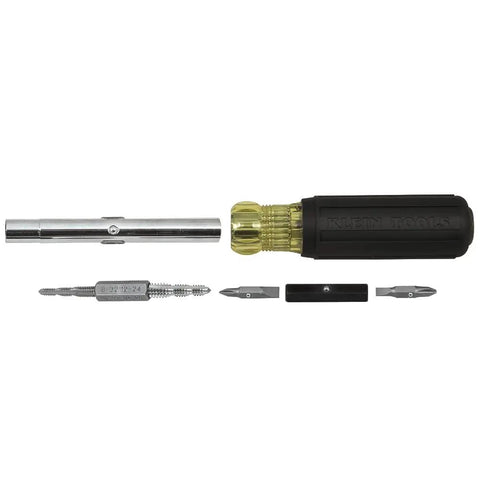 All In One Multi Bit Screwdriver And Tap Tool With Six Tap Sizes Including 6-32, 8-32, 10-32, parts displayed on white background
