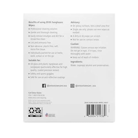 Back view of ZEISS Pre-moistened Sunglasses Cleaning Wipes 240-count box with barcode.