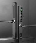 Heavy Duty Waterproof Smart Fingerprint Door Lock For Outdoor Push And Pull Sliders Providing Tight Security And Hassle Free App Remote Keyless Entry That Runs Smooth view showing keypad and handles.