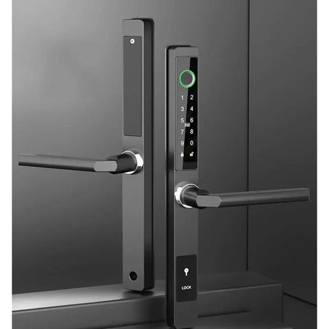 Heavy Duty Waterproof Smart Fingerprint Door Lock For Outdoor Push And Pull Sliders Providing Tight Security And Hassle Free App Remote Keyless Entry That Runs Smooth view showing keypad and handles.