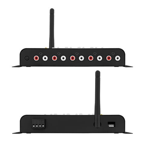 Rear panel of Bluetooth DSP Crossover For Car Audio With App Control 15 Band Graphic Equalizer showing input and output ports.
