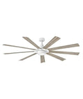 Modern Nine Blade Ceiling Fan With Integrated Light Kit In Sleek Industrial Style Featuring Crisp Chalk White Finish, displaying blades from below.