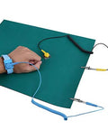 Front view of anti-static wrist strap and ESD mat set on green surface; blue strap with two ground cables.