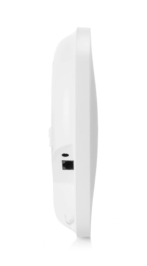 Real Deal Wifi 6 Indoor Access Point With Killer Coverage And Beast Mode Gaming Performance side view showing Ethernet port in white design.
