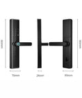 Game Changing Smart Door Lock With Smooth Fingerprint Recognition Password Keyless Entry Remote Control Auto Locking And Anti Spoof Technology, shown from two angles, 380mm tall, sleek black design.