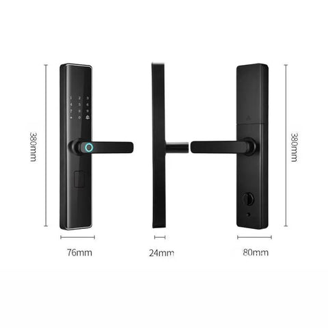 Game Changing Smart Door Lock With Smooth Fingerprint Recognition Password Keyless Entry Remote Control Auto Locking And Anti Spoof Technology, shown from two angles, 380mm tall, sleek black design.