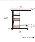 Height Adjustable Overbed Table With Smooth Rolling Wheels And Built In Storage Trays For Sofa Bedside Use Solid Brown Laptop Stand side view with dimensions.