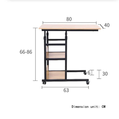 Height Adjustable Overbed Table With Smooth Rolling Wheels And Built In Storage Trays For Sofa Bedside Use Solid Brown Laptop Stand side view with dimensions.