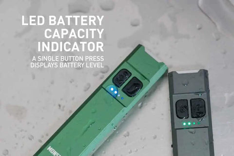 Tracer 1000 Lumens Ultra Slim EDC Flashlight Forest Green Blue Beat The Dark With A Pocket Friendly 4.4 X 1.0 X 0.5 Inch Frame And 2.8 Oz Weight Multi Mode Beam For Everyday Carry Camping Hiking And Late Night Jobs showing LED battery capacity indicator