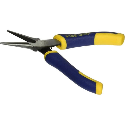Professional Grade 5 1/2 Inch Needle Nose Pliers Featuring Smooth Non Marring Jaws And Automatic Spring Return Handles, Solid Nickel Chromium Steel, with blue and yellow rubber grips.