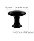 50 Pack Matte Black Round Cabinet Knobs With Edge Detail For Kitchen Cabinets And Drawers, shown in side view with dimensions