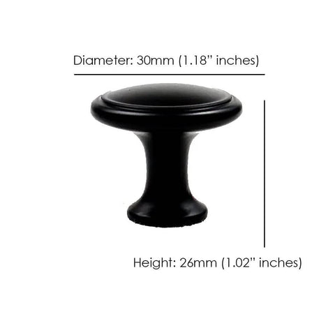 50 Pack Matte Black Round Cabinet Knobs With Edge Detail For Kitchen Cabinets And Drawers, shown in side view with dimensions