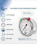 Front view: CARBO 2-1/2 in glycerin-filled pressure gauge, stainless steel case, 1/4 in NPT, 0–30 psi