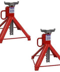 Image of red three ton garage stands, pair pack, showcasing their low height and double lock security system, built in the USA.