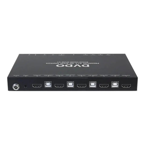 4 Port HDMI 2.0 KVM Switcher With HDCP 2.2 showing ports and connectors for seamless multi-computer desk setup.