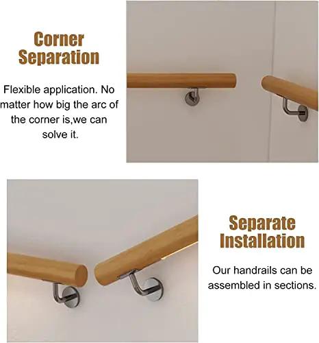 Rock Solid Oak Wall Mount Handrail Built On Heavy Duty Steel Brackets Adjustable Staircase Banister With Natural Wood Safety Grip showing corner separation and separate installation options.