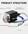 Portable Pneumatic Air Die Grinder With 30000 Rpm Motor And 50mm Cutting Wheel Includes Seven Foot Coiled Hose detailed view showing components.