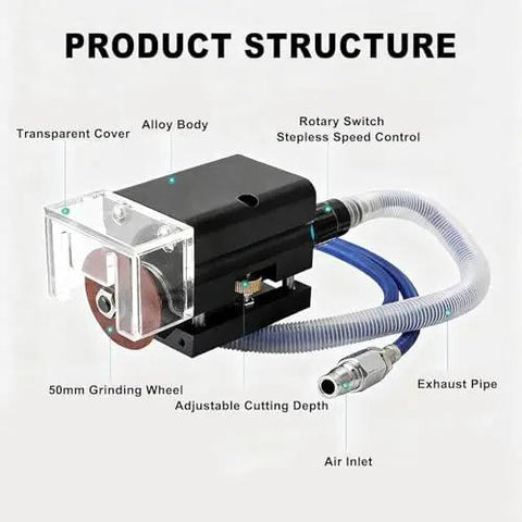 Portable Pneumatic Air Die Grinder With 30000 Rpm Motor And 50mm Cutting Wheel Includes Seven Foot Coiled Hose detailed view showing components.