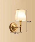 Modern Wall Lamp With Warm Brass Arm And White Drum Shade Hardwired For Bedside Hallway Or Aisle Decor Sconce Lighting European Style Chandelier Vibe Today - Side view showing brass arm and dimensions