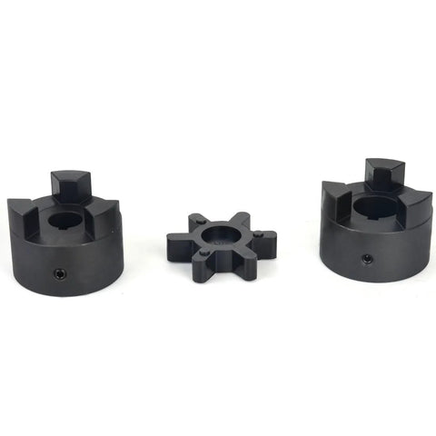 Three-piece L-jaw coupling set with Buna-N rubber spider; two large black hubs and star-shaped center piece.