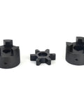 Heavy Duty Log Wood Splitter Beefy L Jaw Coupling Set One To One And One Half Inch Bore Three Piece L110 With Buna N NBR Rubber Spider Includes Two Halves And Insert Durable Shaft Adapter For Smooth Power Transfer. three-piece coupling set with two black steel halves and Buna N spider