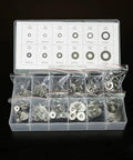 Front view of NEIKO 50400A stainless steel lock and flat washer assortment in a plastic case (350 pcs, 12 sizes).