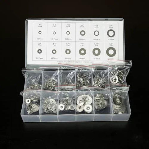 Front view of NEIKO 50400A stainless steel lock and flat washer assortment in a plastic case (350 pcs, 12 sizes).