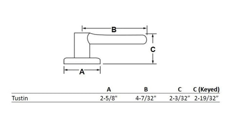 Diagram of dimensions for Entry Door Handle With Lock And Key For Front Door And Bedroom Reversible Exterior Lever In Venetian Bronze.