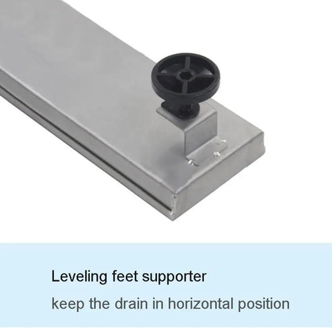 Leveling feet support for 24 Inch Offset Side Outlet Linear Shower Drain In Slick Brushed Stainless Steel rectangle design.
