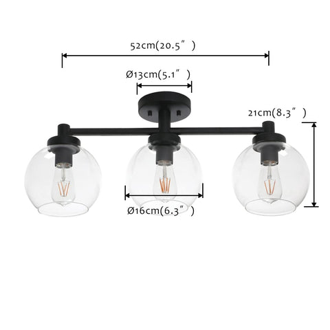 Three Light Globe Ceiling Light Fixture Industrial Flush Mount Vintage Glass Shade Ceiling Lamp For Dining Room Living Room Kitchen Island Hallway Bathroom