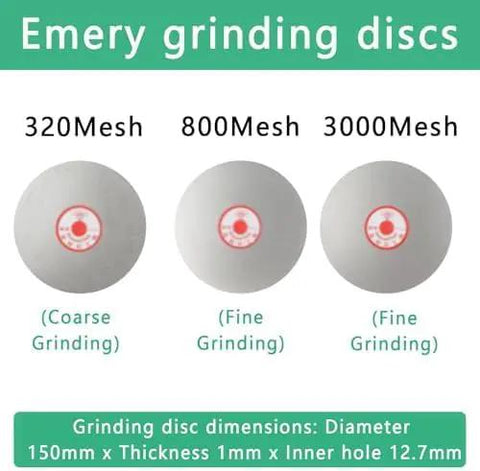 Emery grinding discs 150mm diameter, 320Mesh, 800Mesh, 3000Mesh, for Adjustable Wet Bench Sander equipped with heavy duty diamond grinding discs.