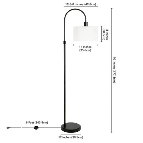 Image of a 70 Inch Arc Floor Lamp With Fabric Shade In Brass White Modern Curved Arm Reading Light For Living Room Cozy Reading Nook Vibe With Diffused Warm Ambient Glow For Sofa Or Chair, showing full height and shade dimensions.