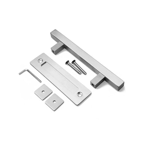 Heavy Duty 12 Inch Sliding Barn Door Handle Set In Brushed Nickel with flush pull handles and installation tools, 2 Piece Kit