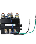 Universal 12V 500A Winch Solenoid Relay Contactor For Heavy Duty Upgrades, high current relay component with wires visible.
