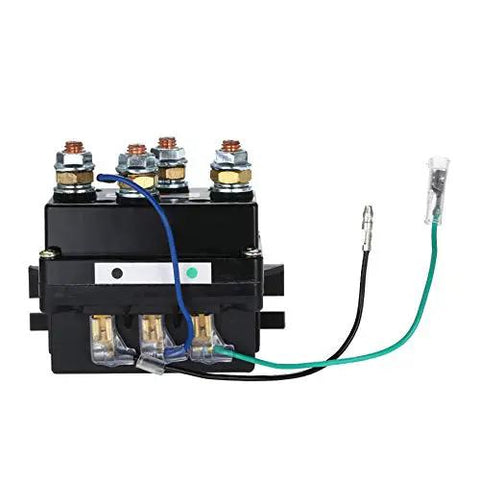 Universal 12V 500A Winch Solenoid Relay Contactor For Heavy Duty Upgrades, high current relay component with wires visible.