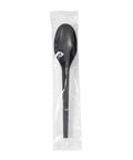 Six Point Five Inch Wrapped Compostable Spoons For Hot And Cold Food 250 Individually Wrapped Plant Based Black CPLA Disposable Utensils BPI Certified Eco Friendly Cutlery For Restaurants And Events, black spoon in clear wrapper