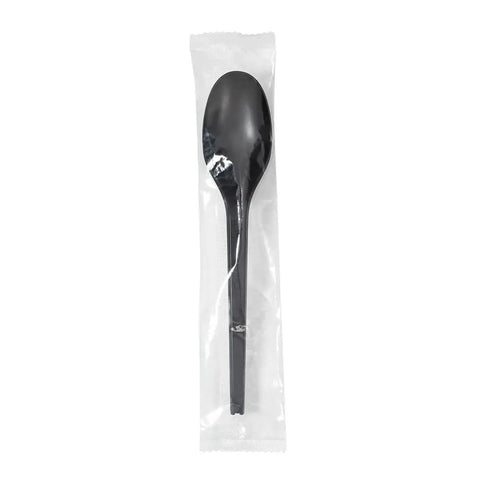 Six Point Five Inch Wrapped Compostable Spoons For Hot And Cold Food 250 Individually Wrapped Plant Based Black CPLA Disposable Utensils BPI Certified Eco Friendly Cutlery For Restaurants And Events, black spoon in clear wrapper