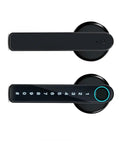 Slick Smart Door Lock Handle Featuring Quick Match Fingerprint And Private Code Remote Unlock Keyless Entry For House Doors Next Level Electronic Security Totally Legit, top view showing pin pad and sleek design.
