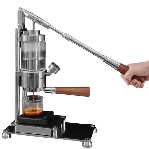 Straight Up Manual Espresso Machine With 16 Bar Pressure lever operated, stainless steel and wood design, brewing coffee