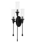 Heavy Duty Black Iron 3 Light Wall Sconce With Clear Glass Shades Damp Rated Bathroom Vanity Fixture 27.5 tall and 9.75 wide.
