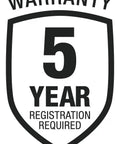 Warranty badge for 5-year coverage requiring registration for Rechargeable 4V Cordless Screwdriver With Circuit Sensor Technology.