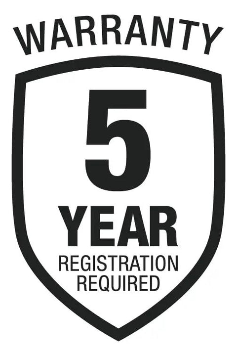 Warranty badge for 5-year coverage requiring registration for Rechargeable 4V Cordless Screwdriver With Circuit Sensor Technology.