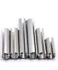 Must Have 304 Stainless Steel M3 And M4 Slotted Spring Pin Set Kit With 200 Pieces, close-up view of various sized pins with chamfered ends