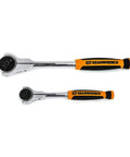Two Piece 1/4 And 3/8 Inch Drive 72 Tooth Dual Material Roto Ratchet Set With 360 Rotating Head, black round heads, orange grips